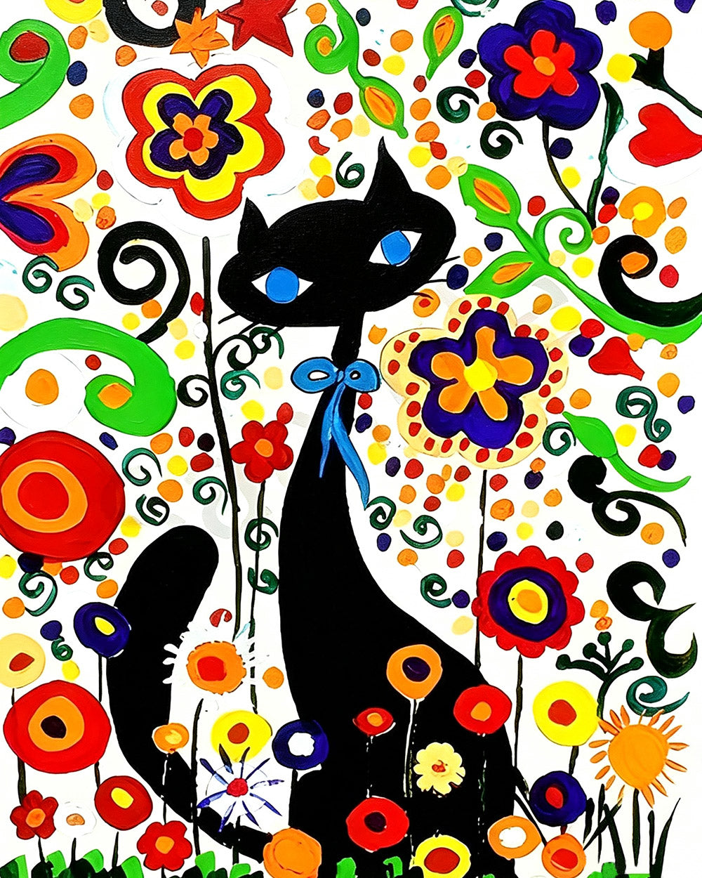 Folk art black cat and flowers cross stitch kit for beginners