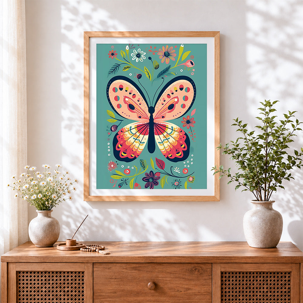 Finished folk art butterfly and flowers cross stitch artwork displayed