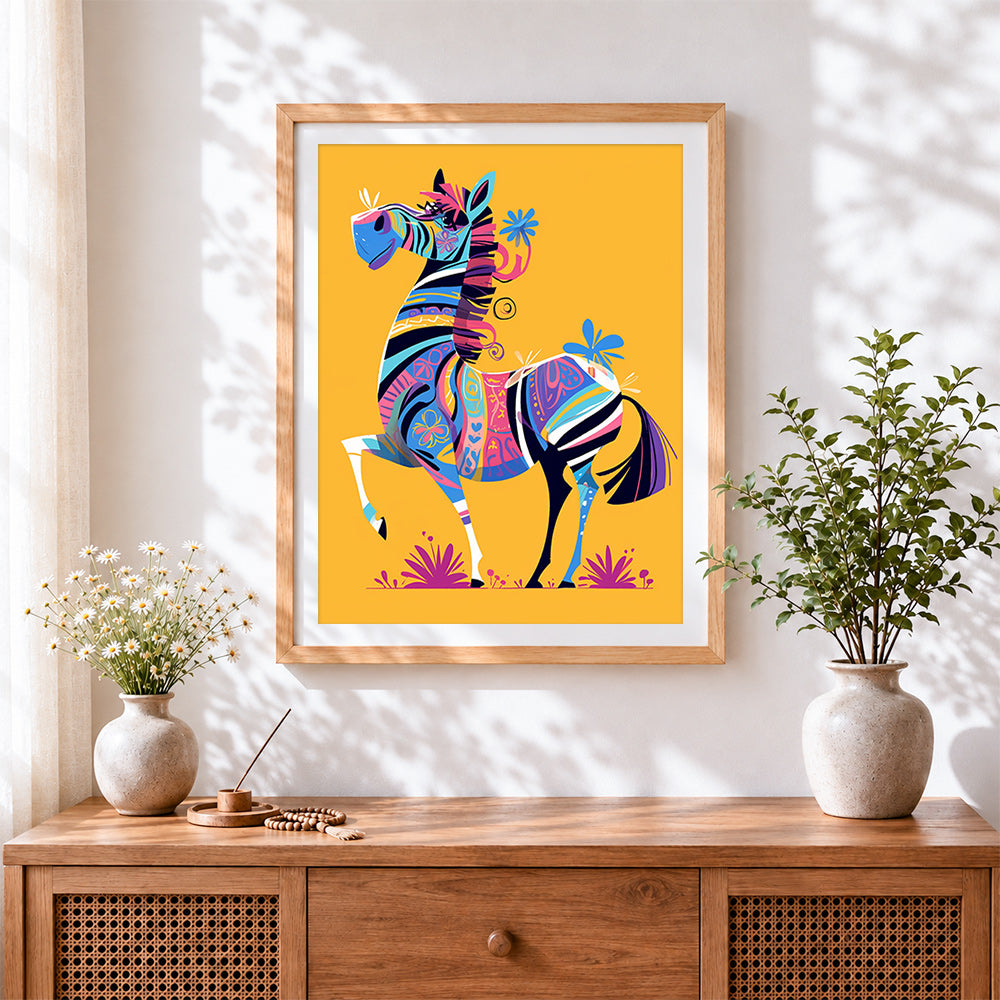 Finished folk art colourful zebra cross stitch artwork displayed