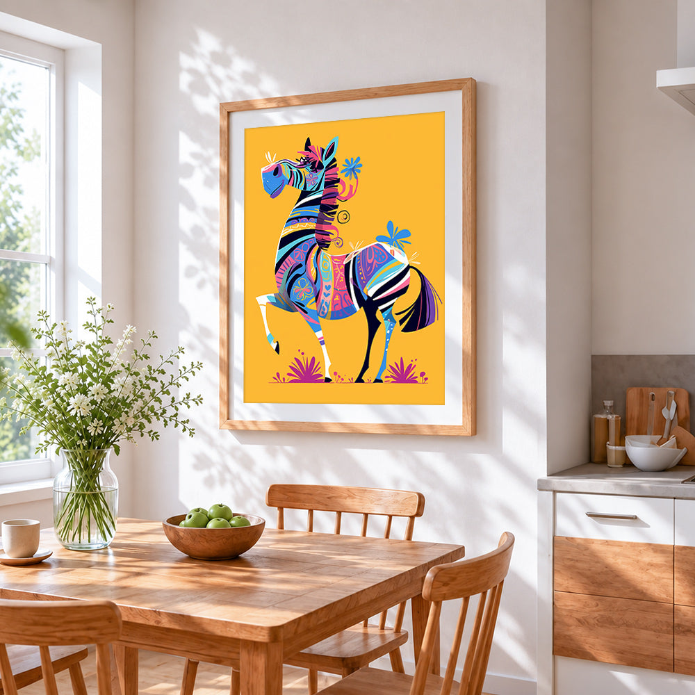 Folk art colourful zebra cross stitch artwork displayed on wall as home decor