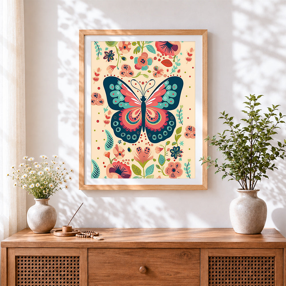 Finished folk art floral butterfly pattern cross stitch artwork displayed
