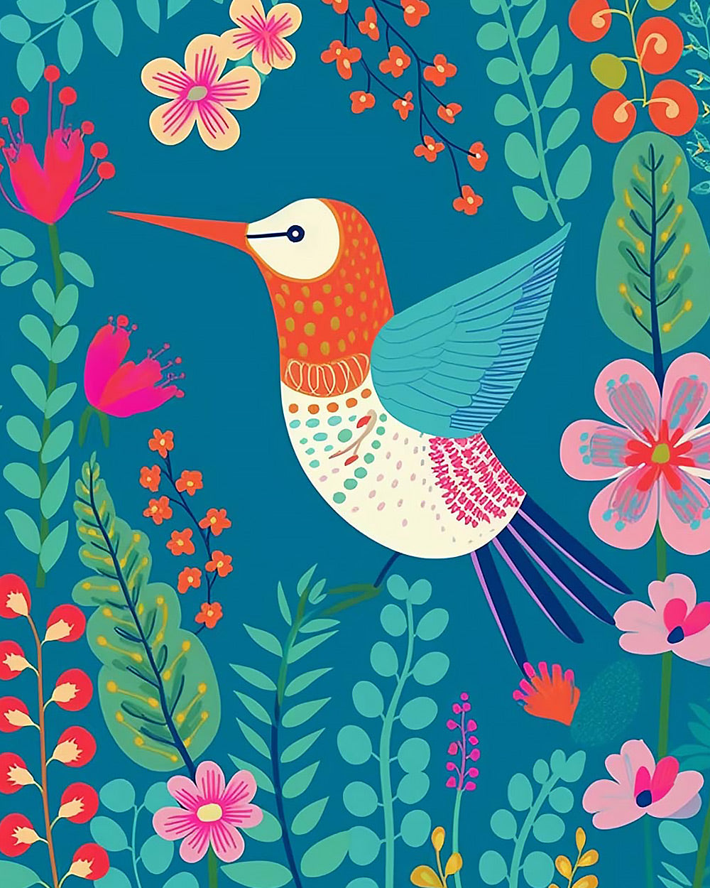 Folk art hummingbird and floral pattern cross stitch kit for beginners