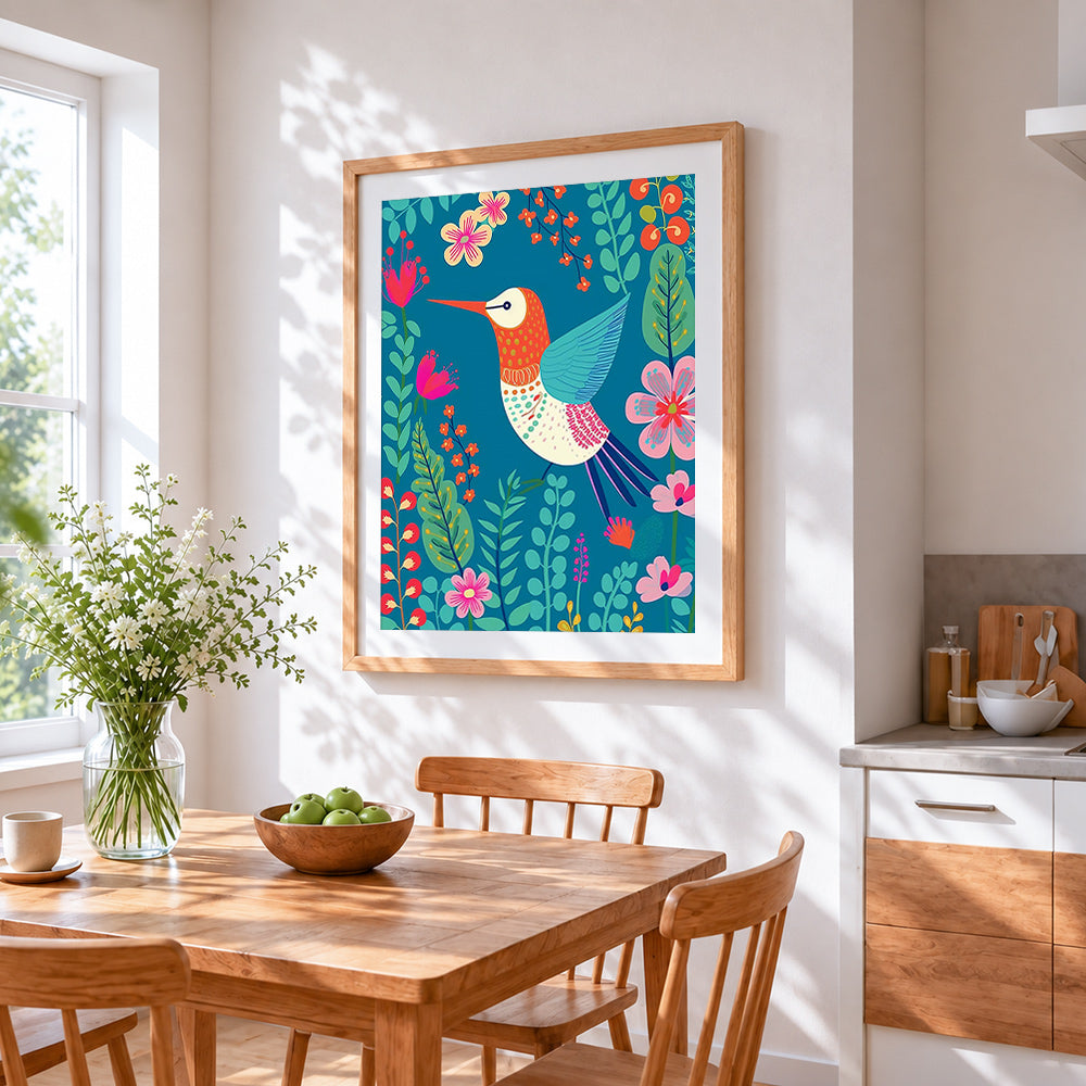Folk art hummingbird and floral pattern cross stitch artwork displayed on wall as home decor
