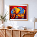 Folk art painted elephant cross stitch artwork displayed on wall as home decor