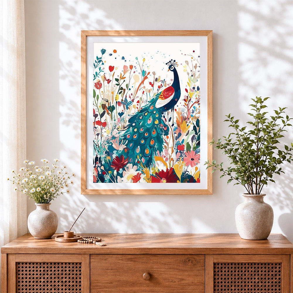 Finished folk art peacock and wildflowers cross stitch artwork displayed