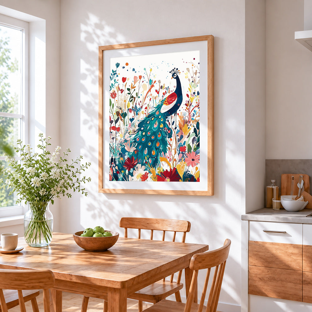 Folk art peacock and wildflowers cross stitch artwork displayed on wall as home decor
