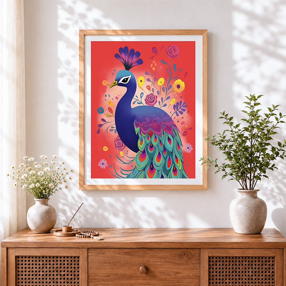 Finished folk art peacock on red background cross stitch artwork displayed