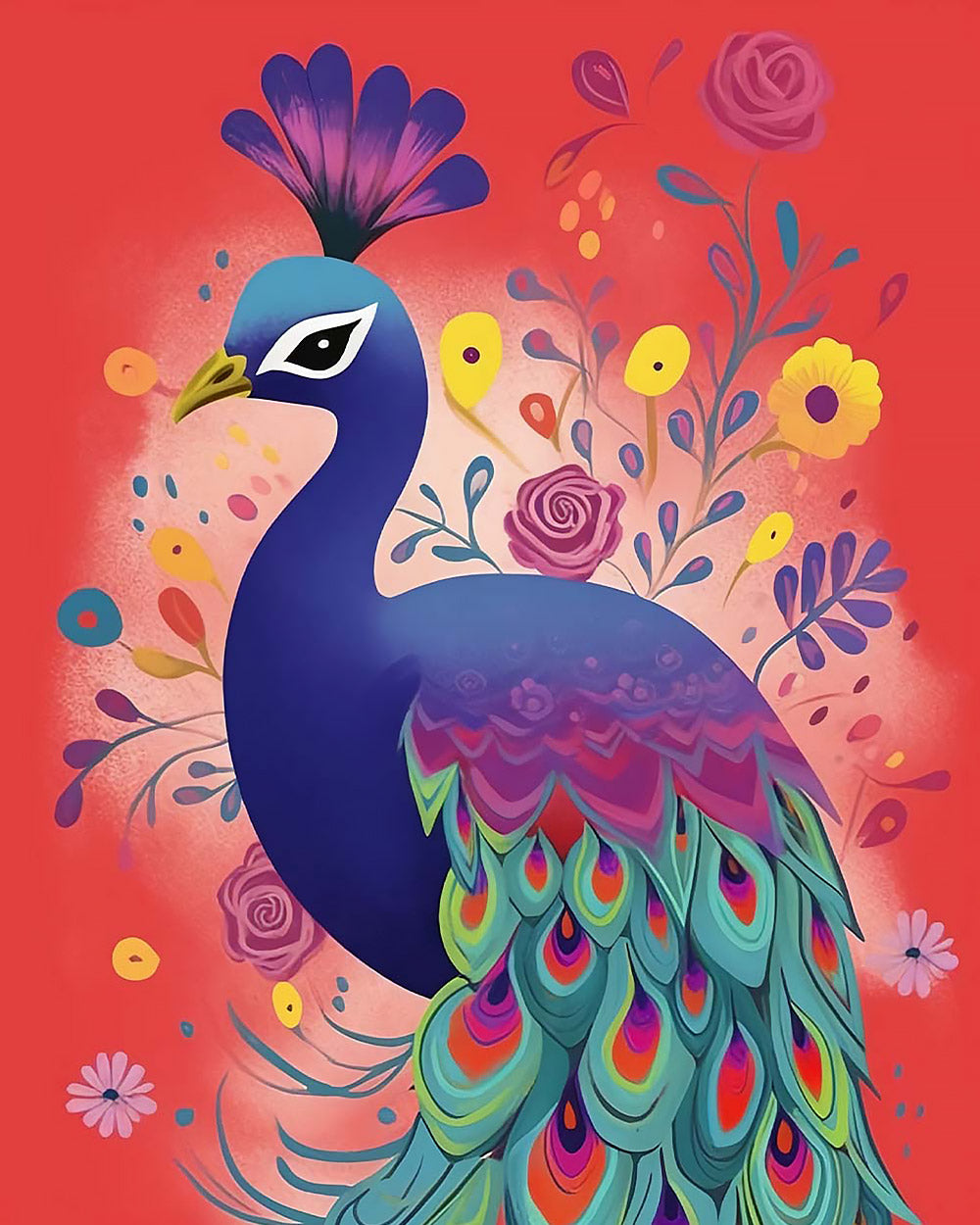 Folk art peacock on red background cross stitch kit for beginners