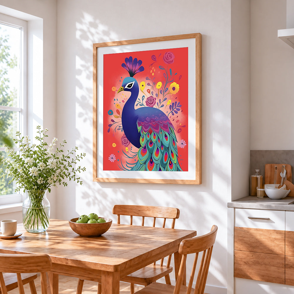Folk art peacock on red background cross stitch artwork displayed on wall as home decor