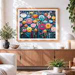 Finished folk art sunflower meadow paint by numbers artwork displayed as home decor