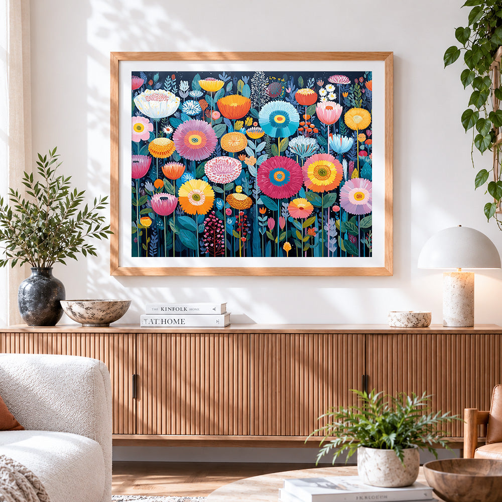 Finished folk art sunflower meadow paint by numbers artwork displayed as home decor