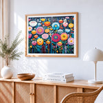 Folk art sunflower meadow paint by numbers artwork displayed on wall as home decor