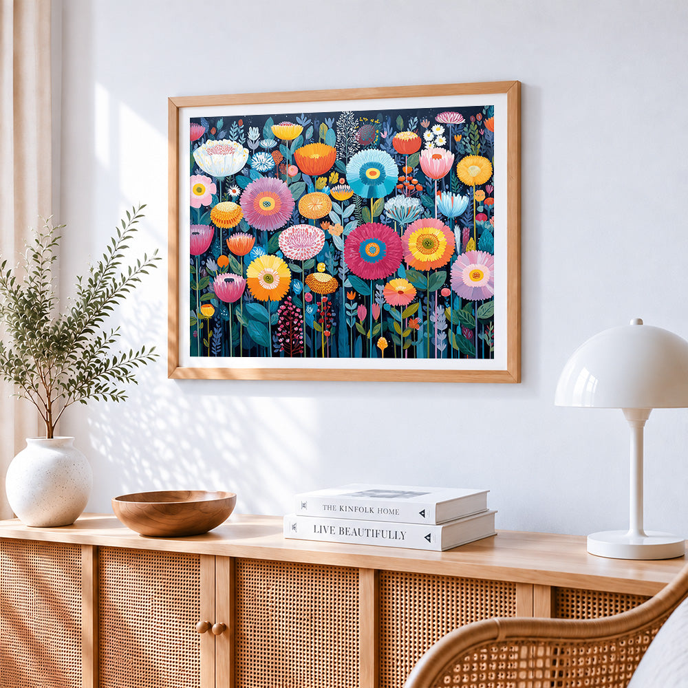 Folk art sunflower meadow paint by numbers artwork displayed on wall as home decor