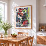 Follow your dreams graffiti chimpanzee cross stitch artwork displayed on wall as home decor