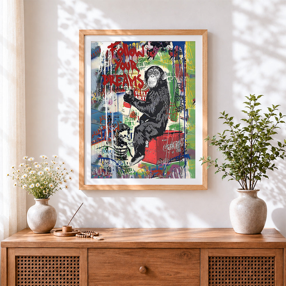 Finished follow your dreams graffiti chimpanzee paint by numbers artwork displayed as home decor