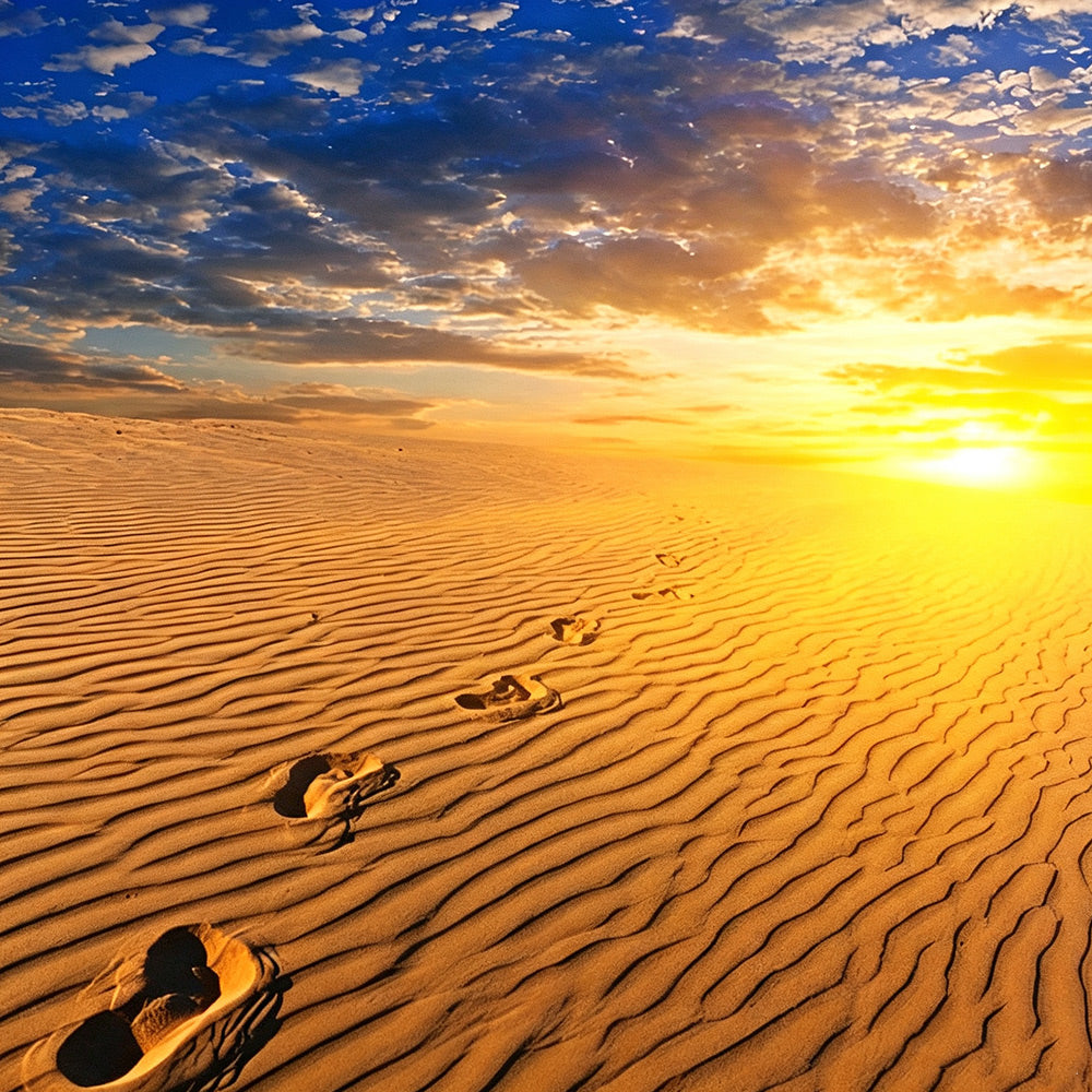 Footprints in desert sand at sunrise cross stitch kit for beginners