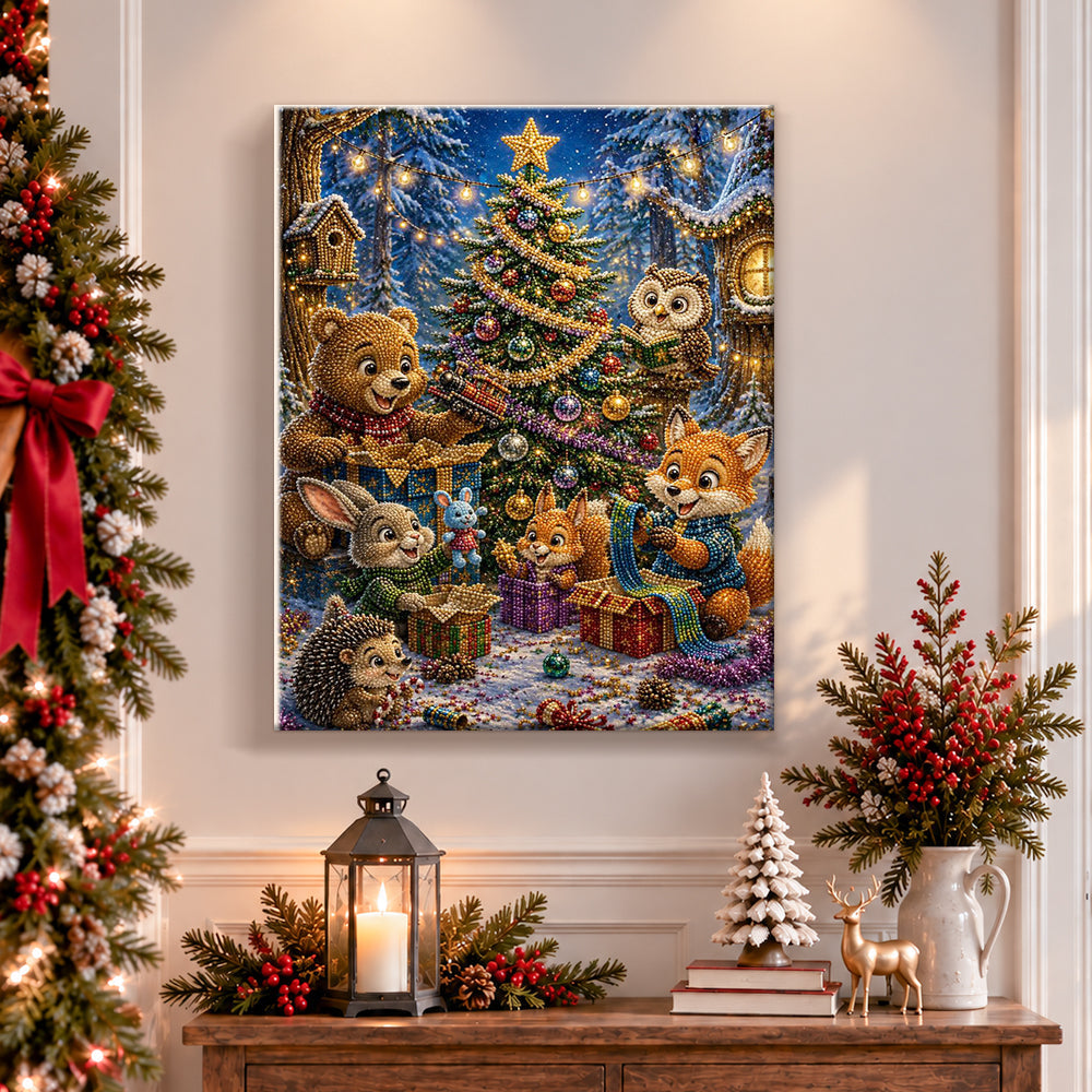 Finished forest animals celebrating christmas pearl diamond painting artwork displayed as holiday home decor
