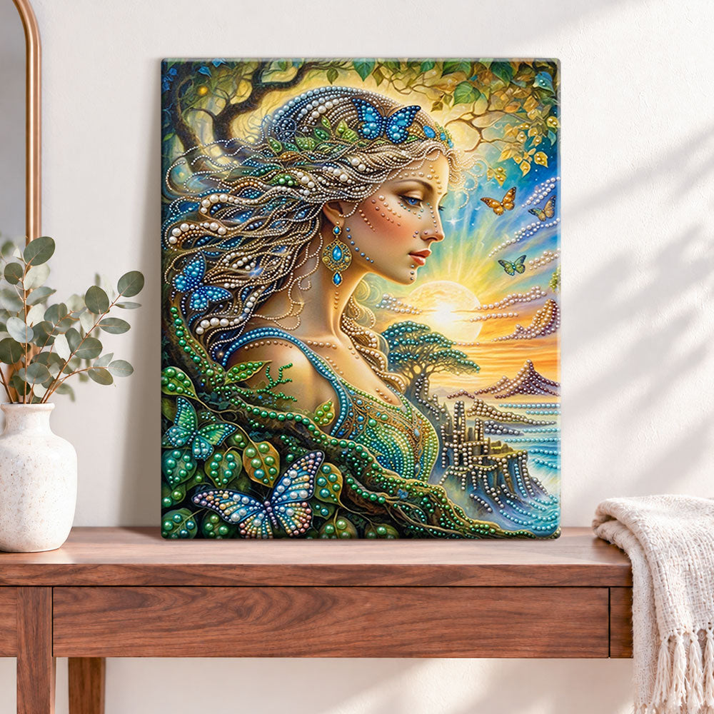 Finished forest butterfly maiden pearl diamond painting artwork displayed as home decor