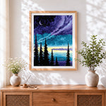 Finished forest lake at starry night cross stitch artwork displayed