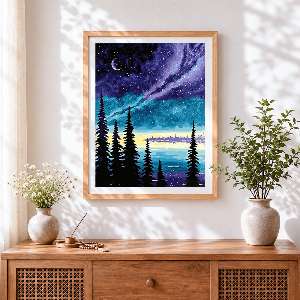 Finished forest lake at starry night cross stitch artwork displayed