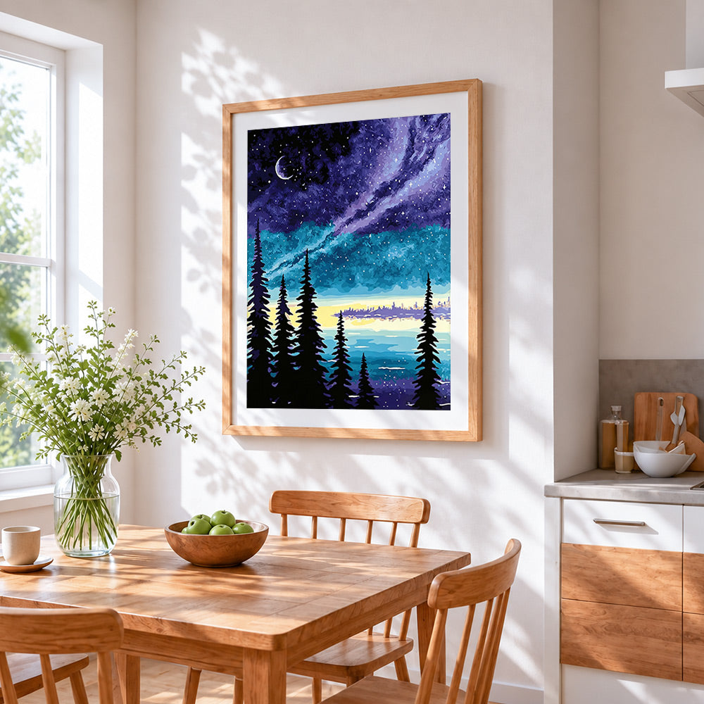 Forest lake at starry night cross stitch artwork displayed on wall as home decor