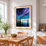 Forest lake at starry night cross stitch artwork displayed on wall as home decor