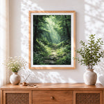 Finished forest stone path and wildflowers cross stitch artwork displayed