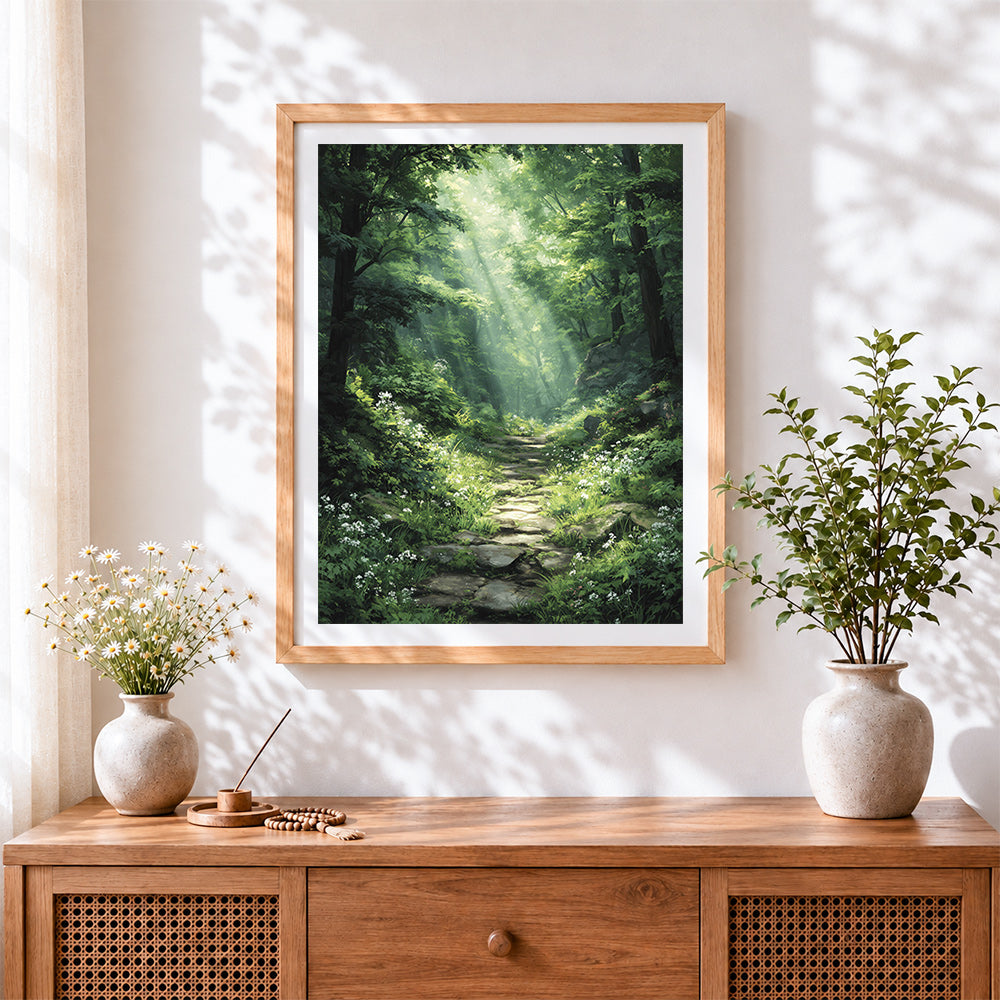Finished forest stone path and wildflowers cross stitch artwork displayed