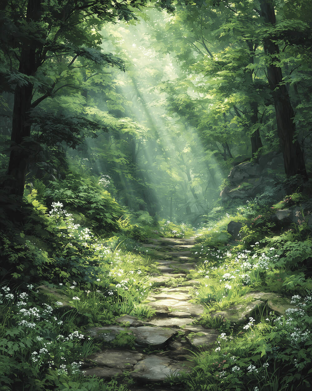 Forest stone path and wildflowers cross stitch kit for beginners