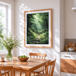 Forest stone path and wildflowers cross stitch artwork displayed on wall as home decor