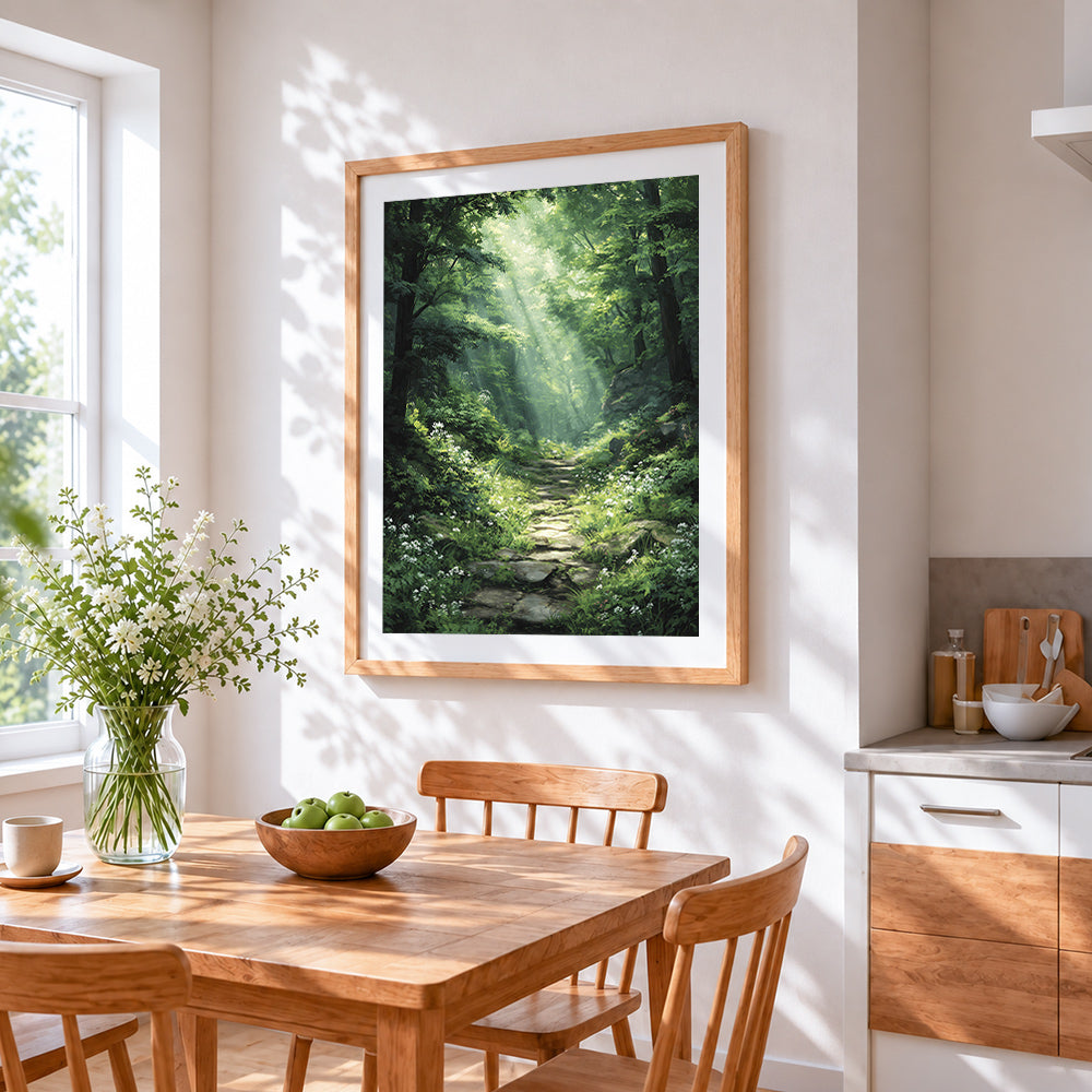 Forest stone path and wildflowers cross stitch artwork displayed on wall as home decor