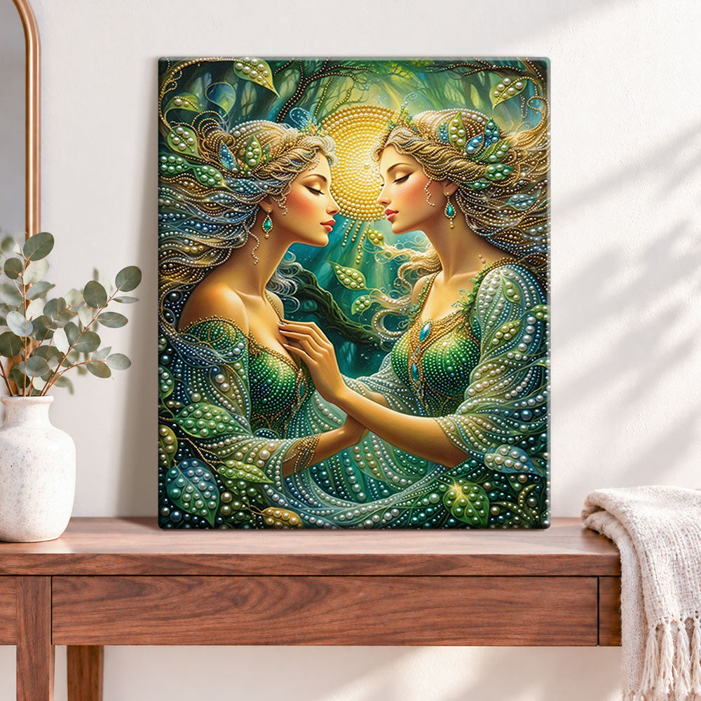 Finished forest twin fairies pearl diamond painting artwork displayed as home decor