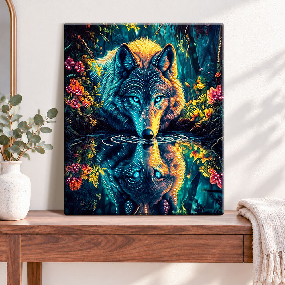 Finished forest wolf reflection pearl diamond painting artwork displayed as home decor