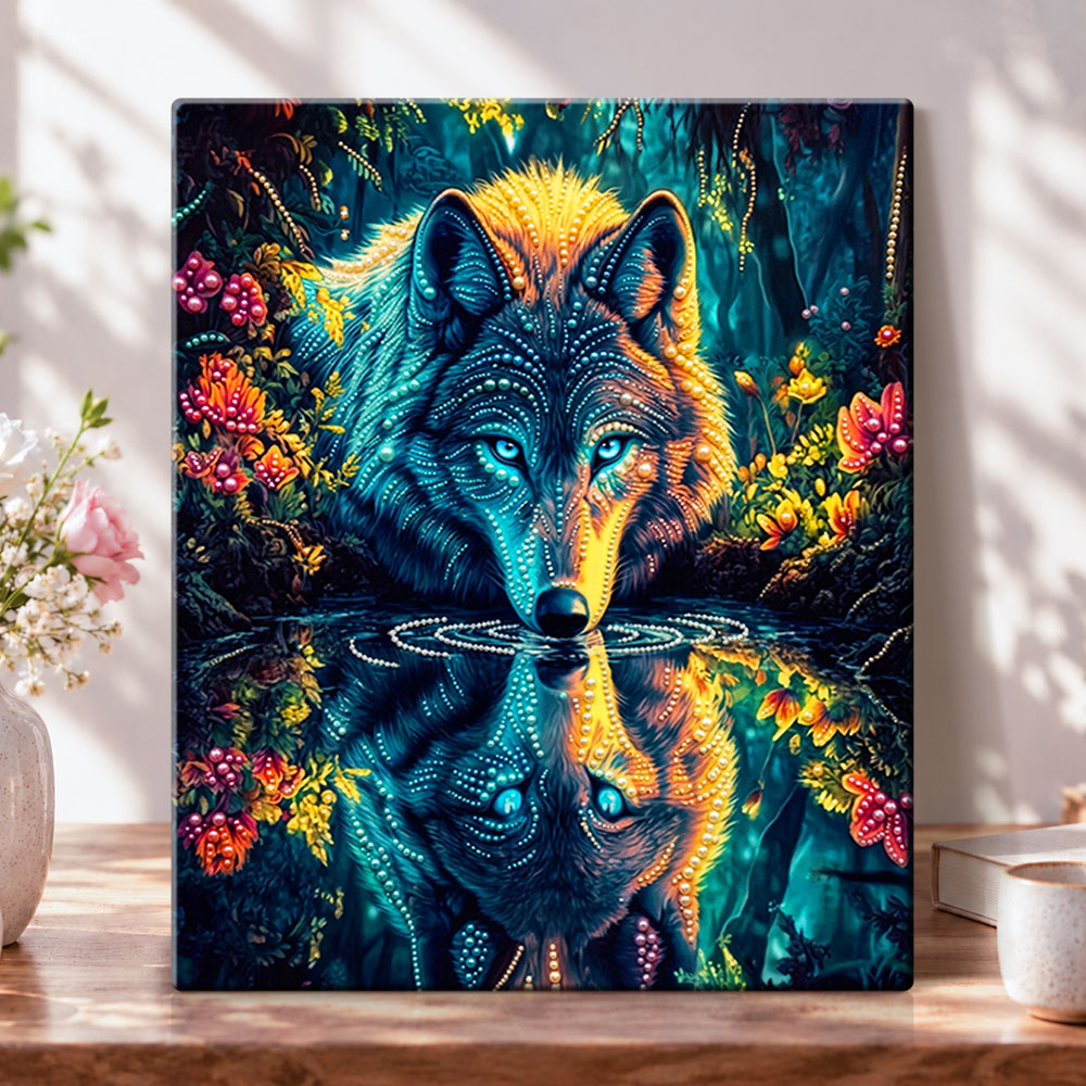 Forest wolf reflection pearl diamond painting kit for beginners