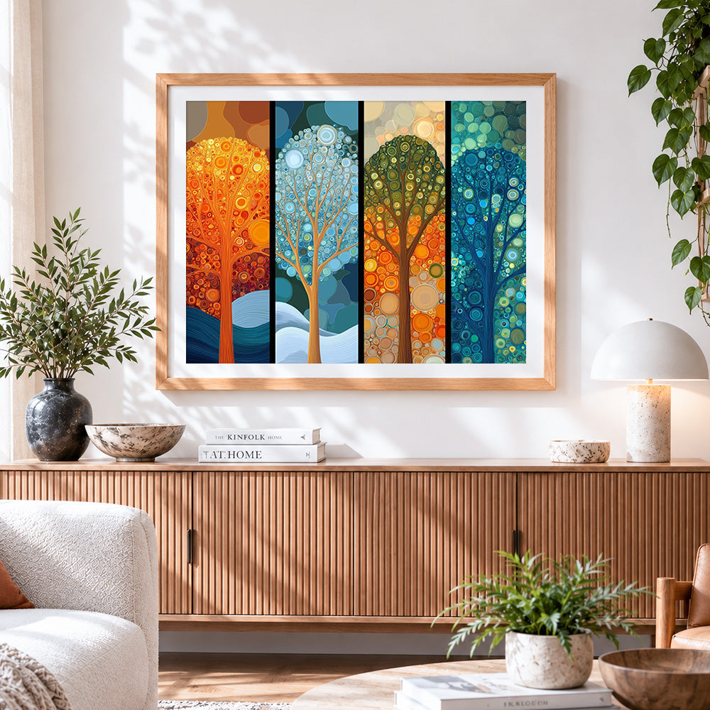 Finished four seasons abstract trees cross stitch artwork displayed