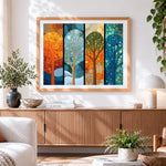 Finished four seasons abstract trees cross stitch artwork displayed