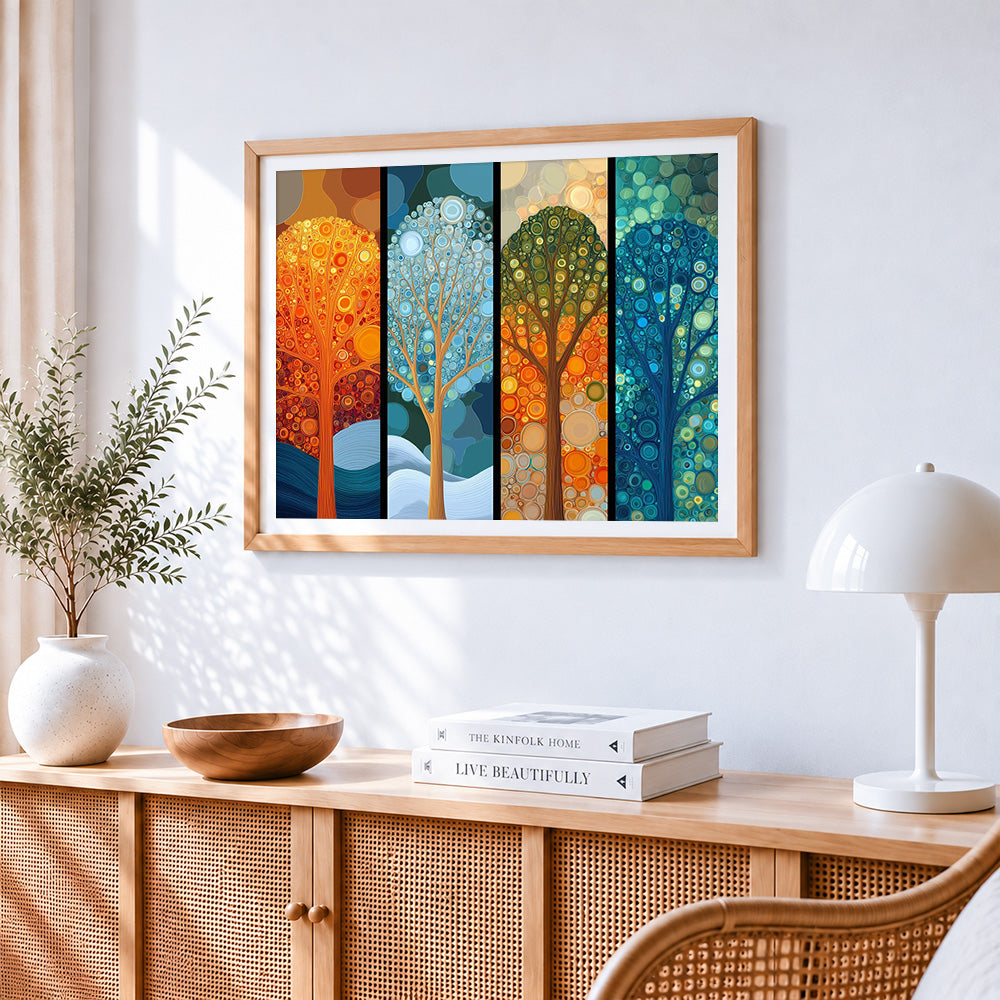 Four seasons abstract trees paint by numbers artwork displayed on wall as home decor