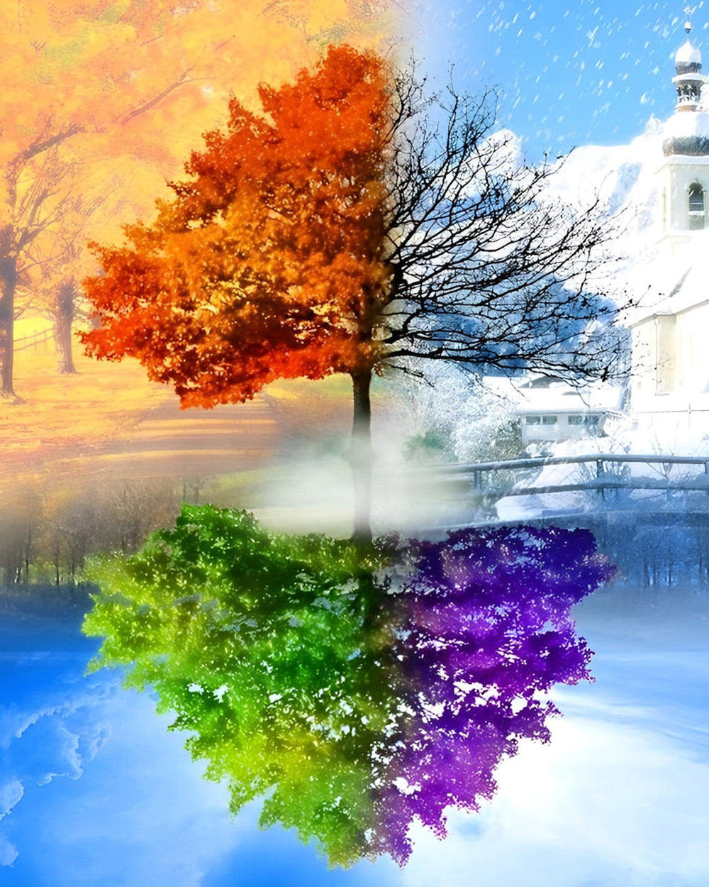 Four seasons tree and church cross stitch kit for beginners