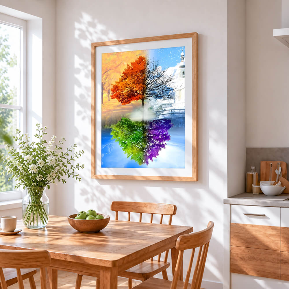 Four seasons tree and church paint by numbers artwork displayed on wall as home decor