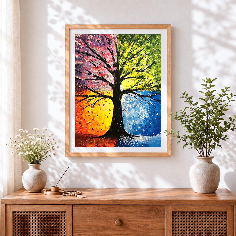 Finished four seasons tree cross stitch artwork displayed