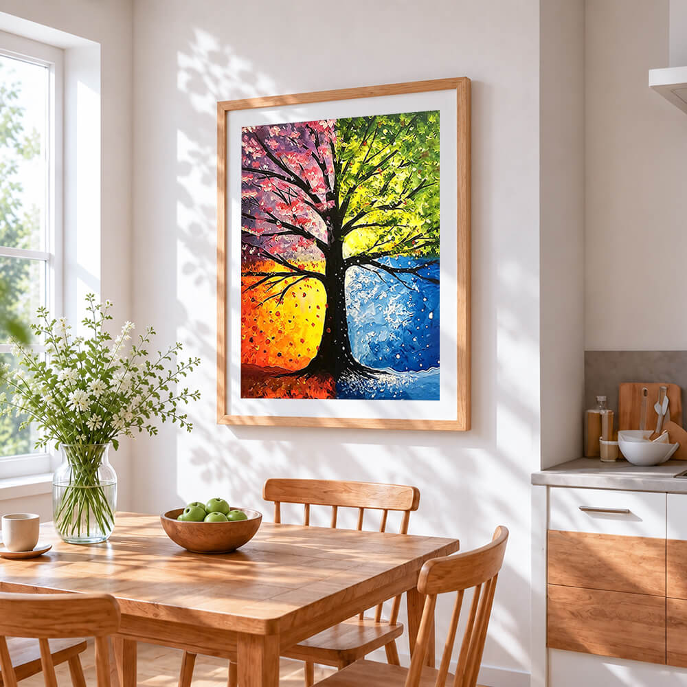 Four seasons tree cross stitch artwork displayed on wall as home decor