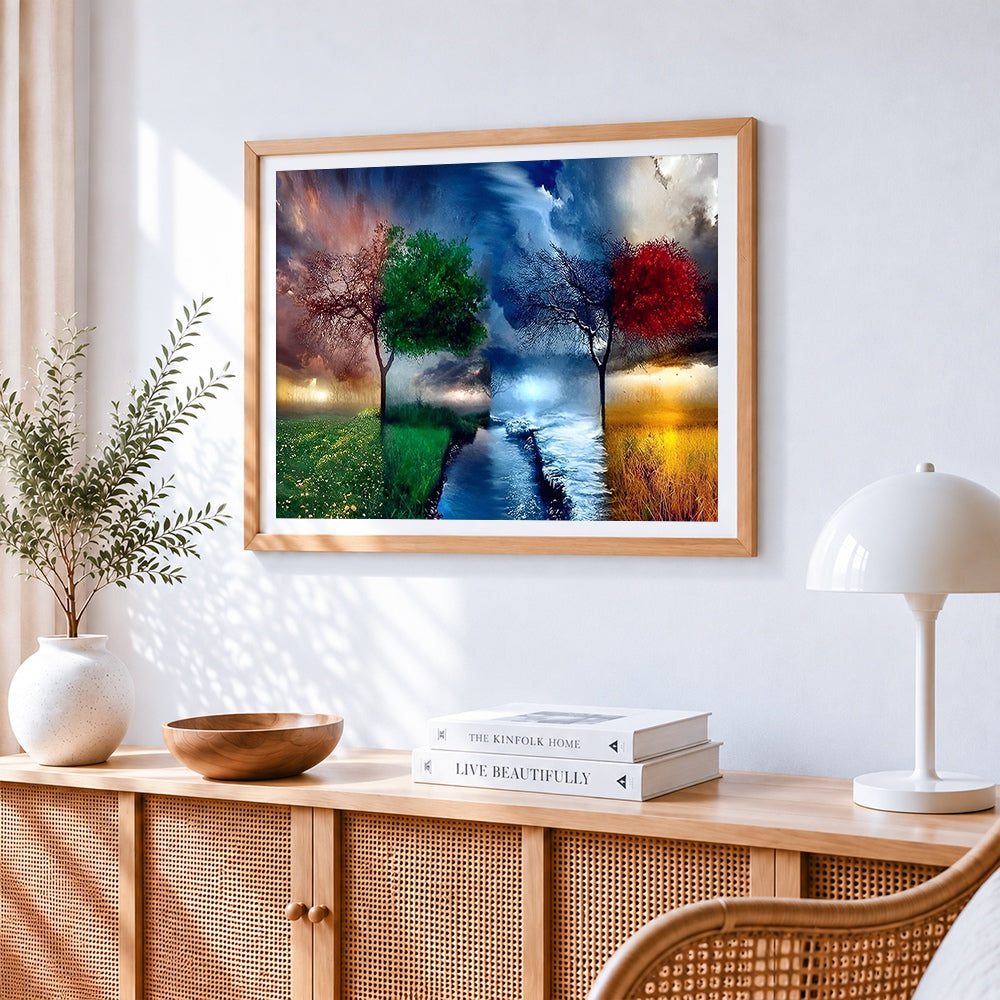 Four seasons tree of life cross stitch artwork displayed on wall as home decor