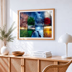 Four seasons tree of life cross stitch artwork displayed on wall as home decor