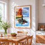 Four seasons tree reflection cross stitch artwork displayed on wall as home decor