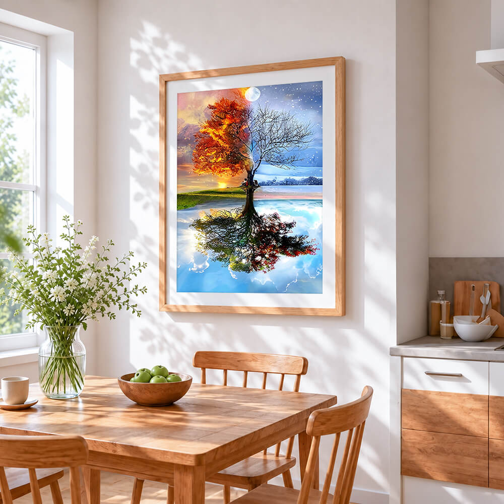 Four seasons tree reflection cross stitch artwork displayed on wall as home decor