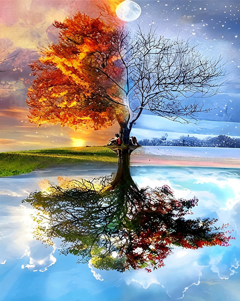 Four seasons tree reflection paint by numbers kit for beginners