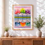 Finished four seasons trees with reflection cross stitch artwork displayed