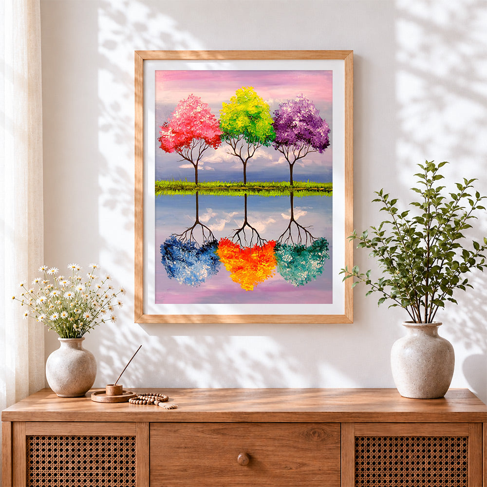 Finished four seasons trees with reflection cross stitch artwork displayed