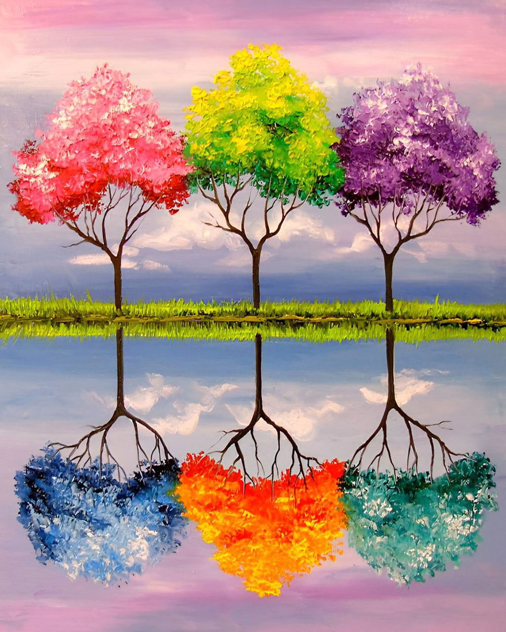 Four seasons trees with reflection cross stitch kit for beginners