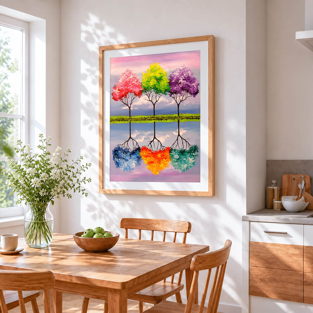 Four seasons trees with reflection cross stitch artwork displayed on wall as home decor